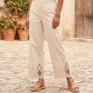 Anewsta Wide-Leg Pants with Intricate Crochet Lace Hem - Size Small